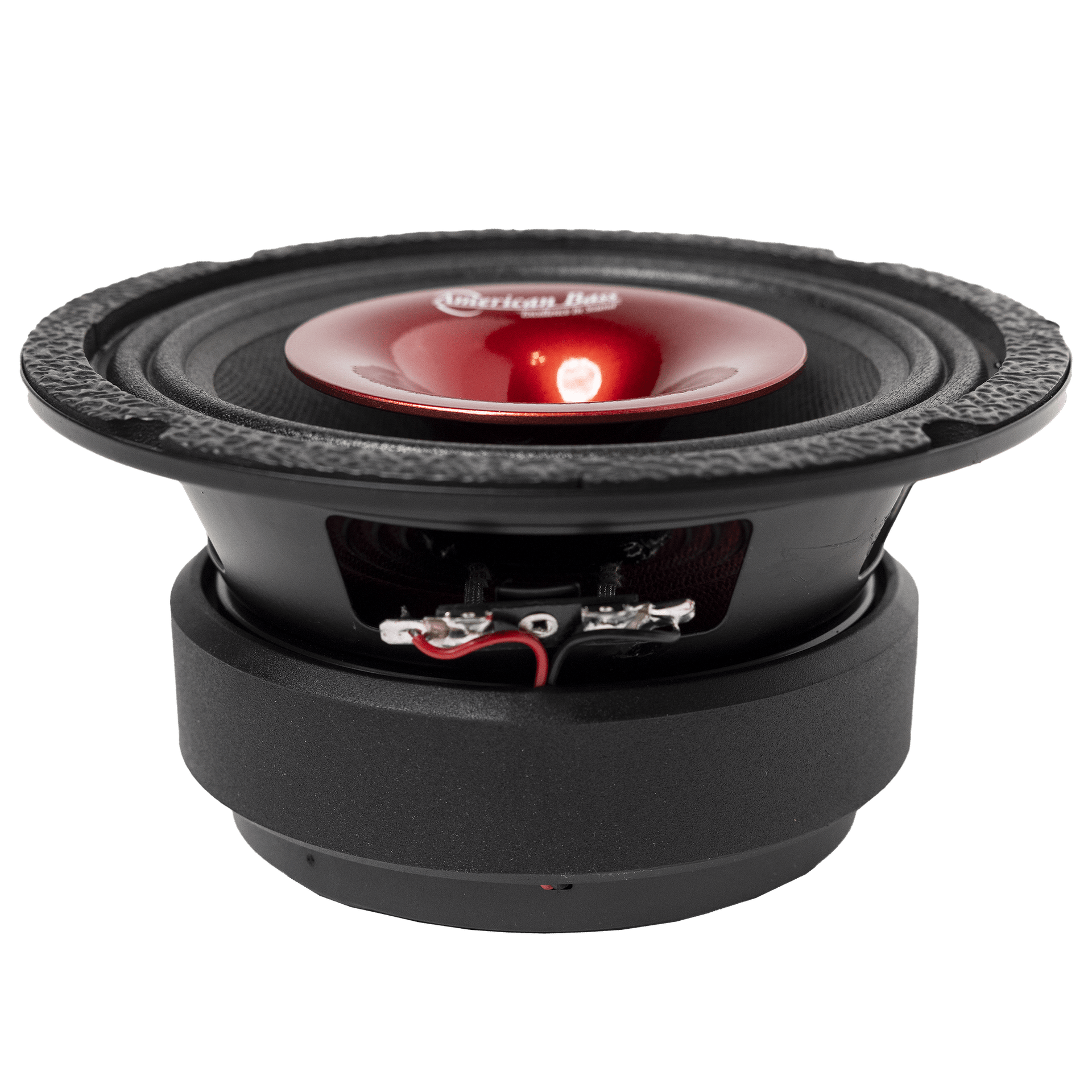 The American Bass Falcon Series 6.5" Midrange Speaker, a black and red 300-watt car audio speaker with a shiny red center, is shown on a plain white background.