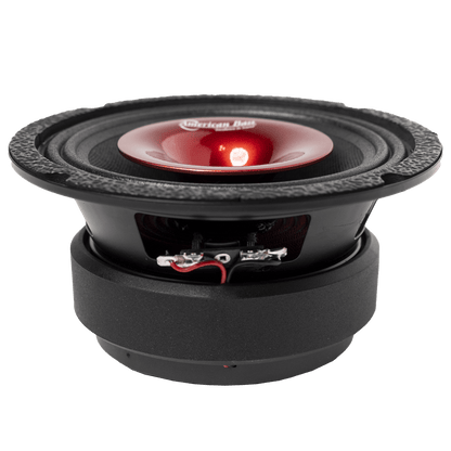 The American Bass Falcon Series 6.5" Midrange Speaker, a black and red 300-watt car audio speaker with a shiny red center, is shown on a plain white background.