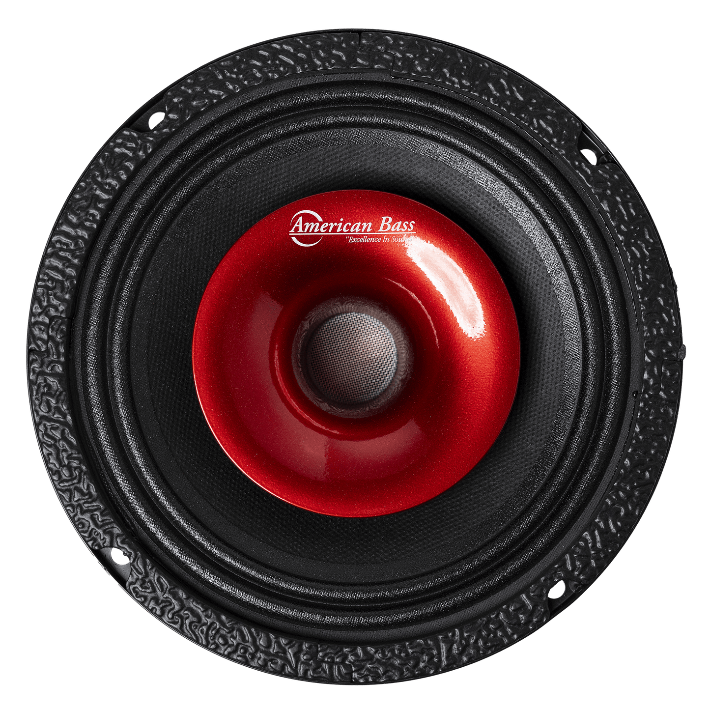 A close-up of the American Bass Falcon Series 6.5" Midrange Speaker (300 Watts) shows its textured black frame, shiny red center with logo, and four mounting holes for secure car audio installation and powerful performance.