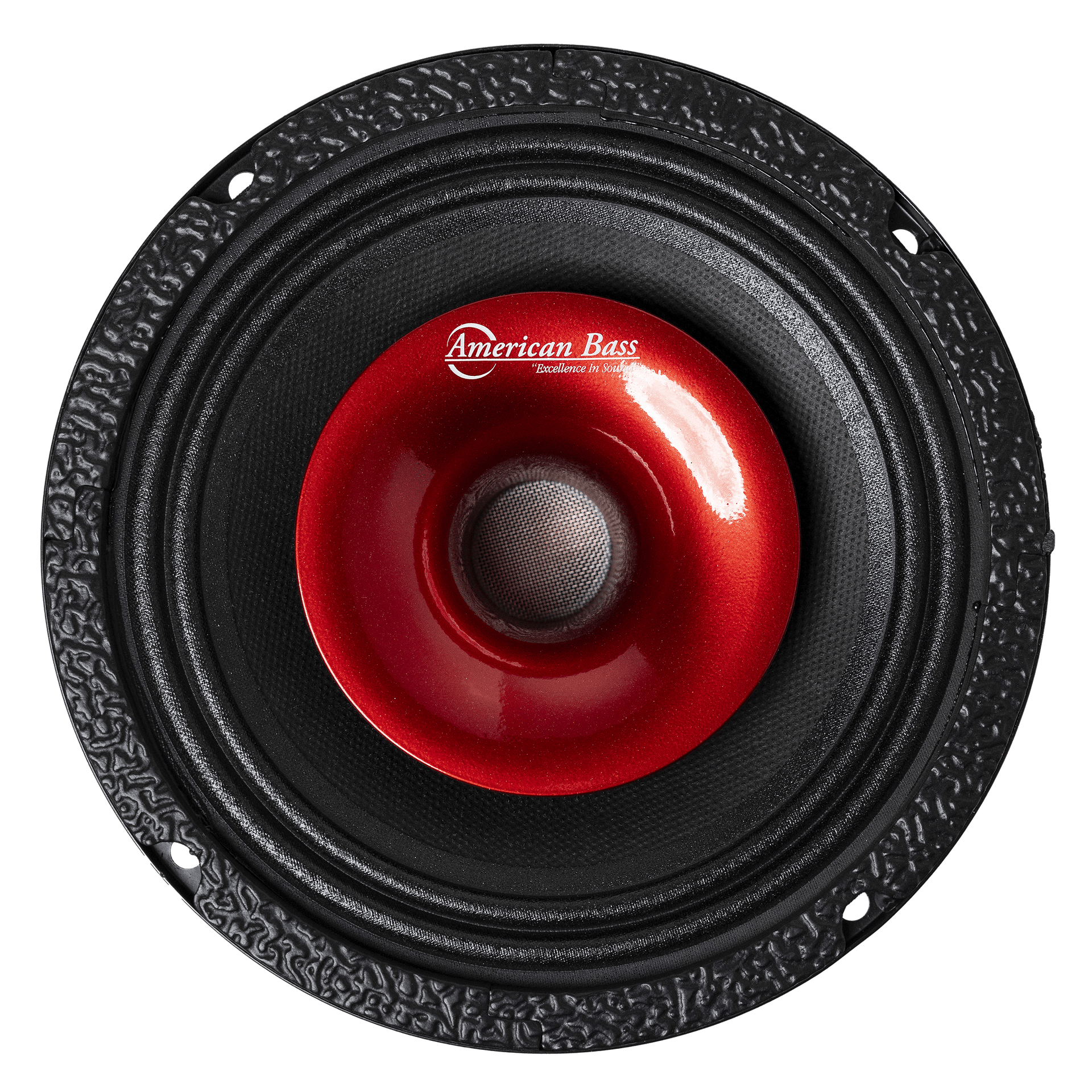 A close-up of the American Bass Falcon Series 6.5" Midrange Speaker (300 Watts) shows its textured black frame, shiny red center with logo, and four mounting holes for secure car audio installation and powerful performance.