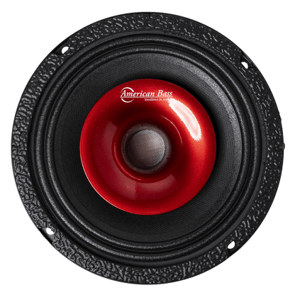 A close-up of the American Bass Falcon Series 6.5" Midrange Speaker (300 Watts) shows its textured black frame, shiny red center with logo, and four mounting holes for secure car audio installation and powerful performance.