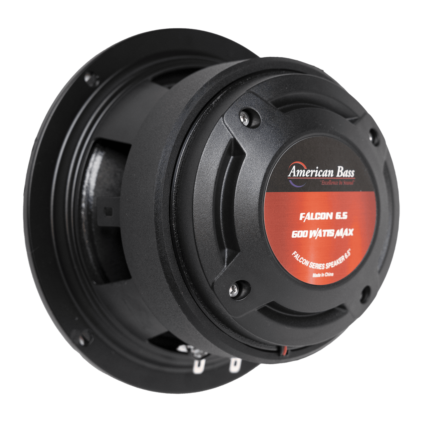 The American Bass Falcon Series 6.5" Midrange Speaker (300W) is shown at an angle with a black design and red label, placed on a white background—perfect for high-output car audio systems.