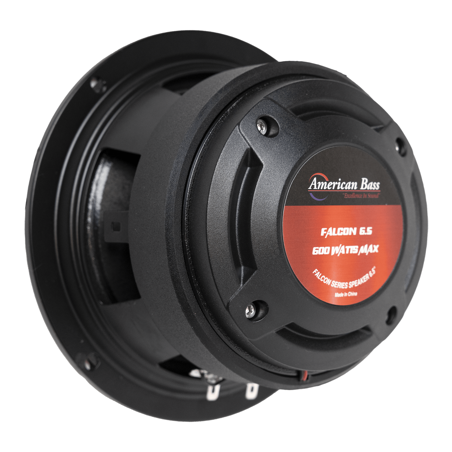 The American Bass Falcon Series 6.5" Midrange Speaker (300W) is shown at an angle with a black design and red label, placed on a white background—perfect for high-output car audio systems.