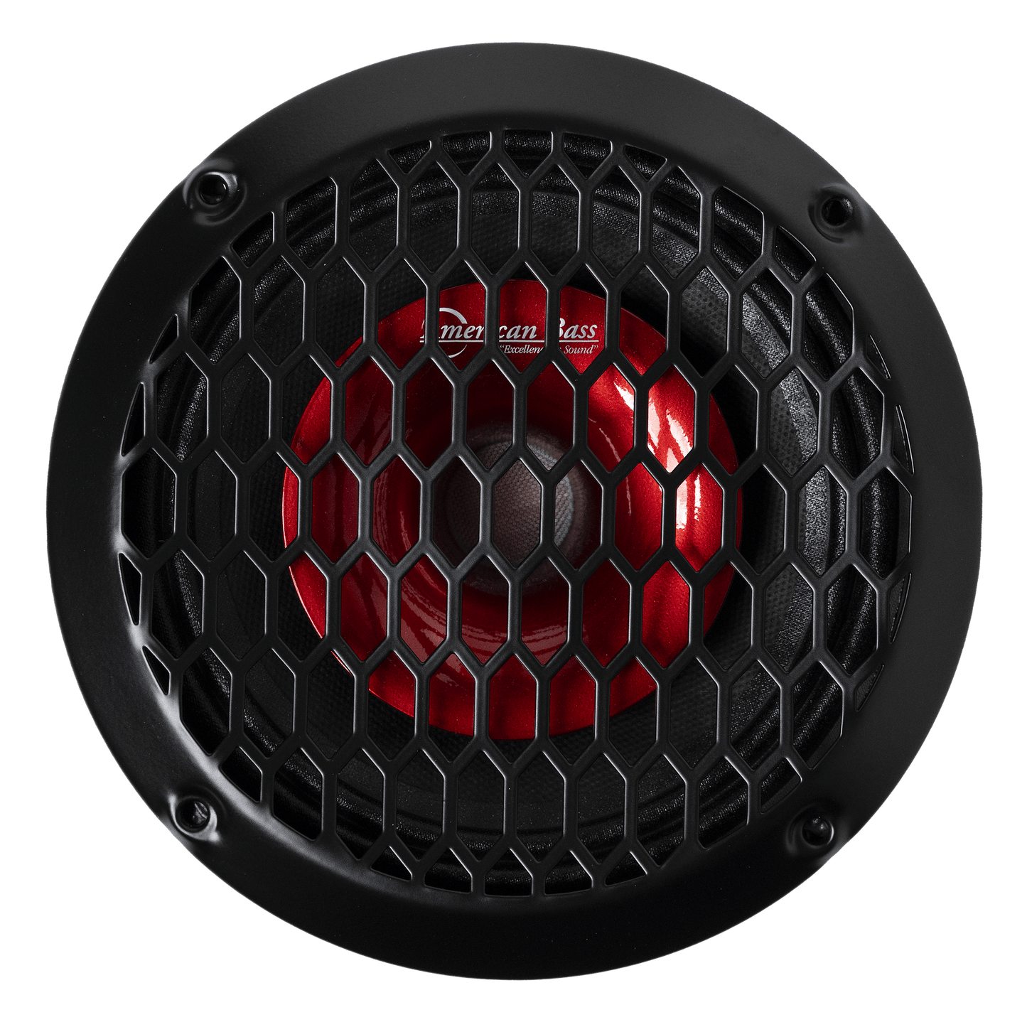 Close-up of an American Bass Falcon Series 6.5" Midrange Speaker (300 Watts) with a round black frame, red cone behind hex mesh grille, and four-screw mount—ideal for premium car audio setups.