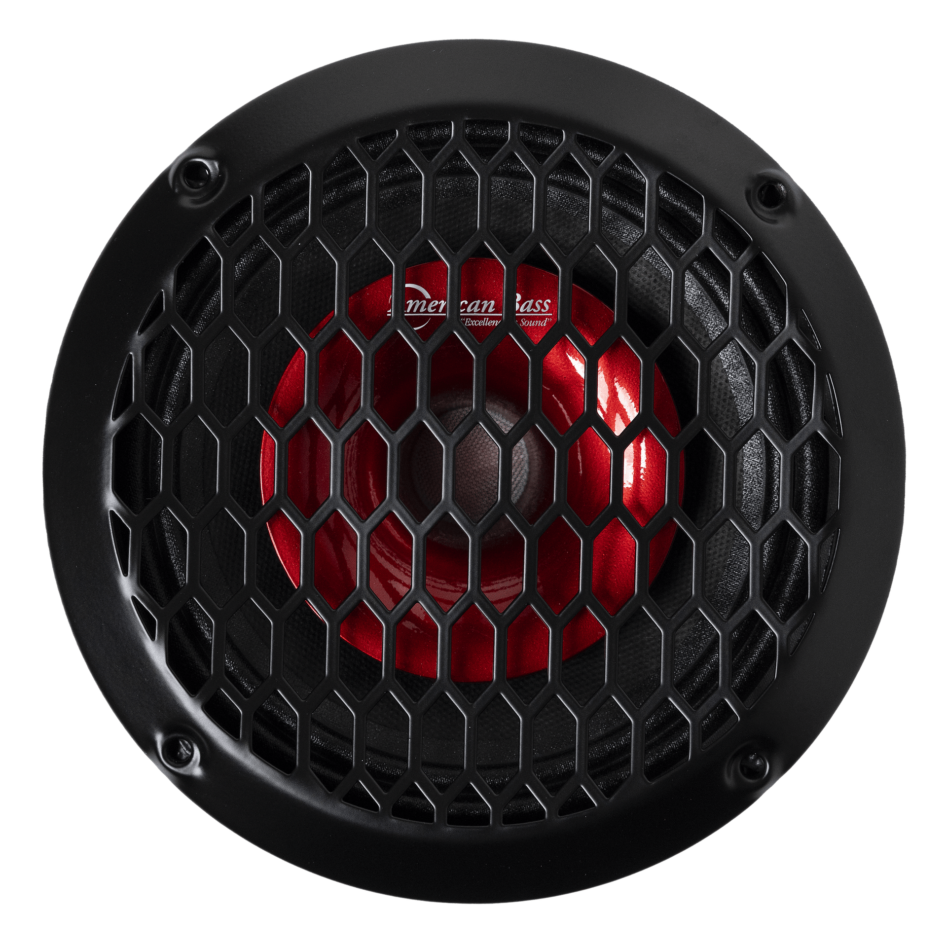 Close-up of an American Bass Falcon Series 6.5" Midrange Speaker (300 Watts) with a round black frame, red cone behind hex mesh grille, and four-screw mount—ideal for premium car audio setups.