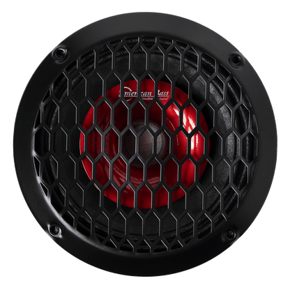 Close-up of an American Bass Falcon Series 6.5" Midrange Speaker (300 Watts) with a round black frame, red cone behind hex mesh grille, and four-screw mount—ideal for premium car audio setups.