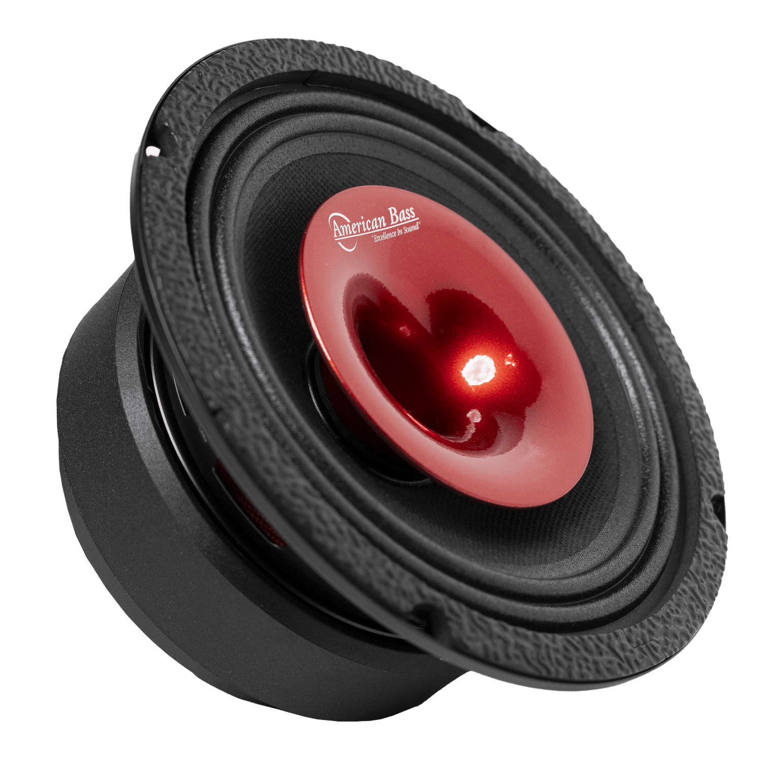 A close-up of the American Bass Falcon Series 6.5" Midrange Speaker, featuring a shiny red center cone with logo, designed for car audio. This black and red speaker delivers 300 watts of high output performance against a plain white background.