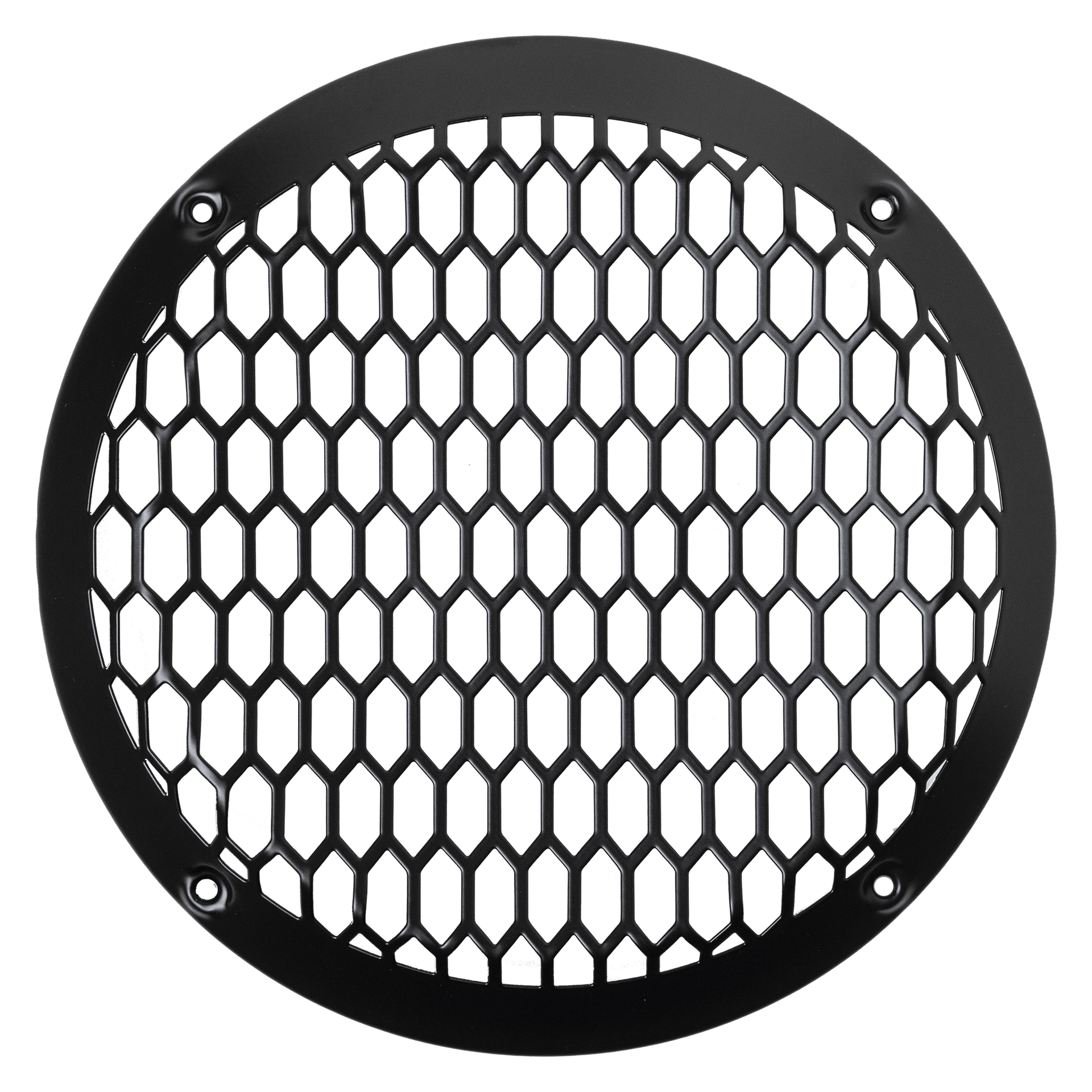A round black metal grille with a honeycomb pattern and four screw holes, ideal for protecting the American Bass Audio Falcon Series 8" Midrange Speaker | 300 Watts in pro audio or car audio setups.