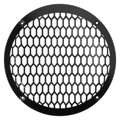 A round black metal grille with a honeycomb pattern and four screw holes, ideal for protecting the American Bass Audio Falcon Series 8" Midrange Speaker | 300 Watts in pro audio or car audio setups.
