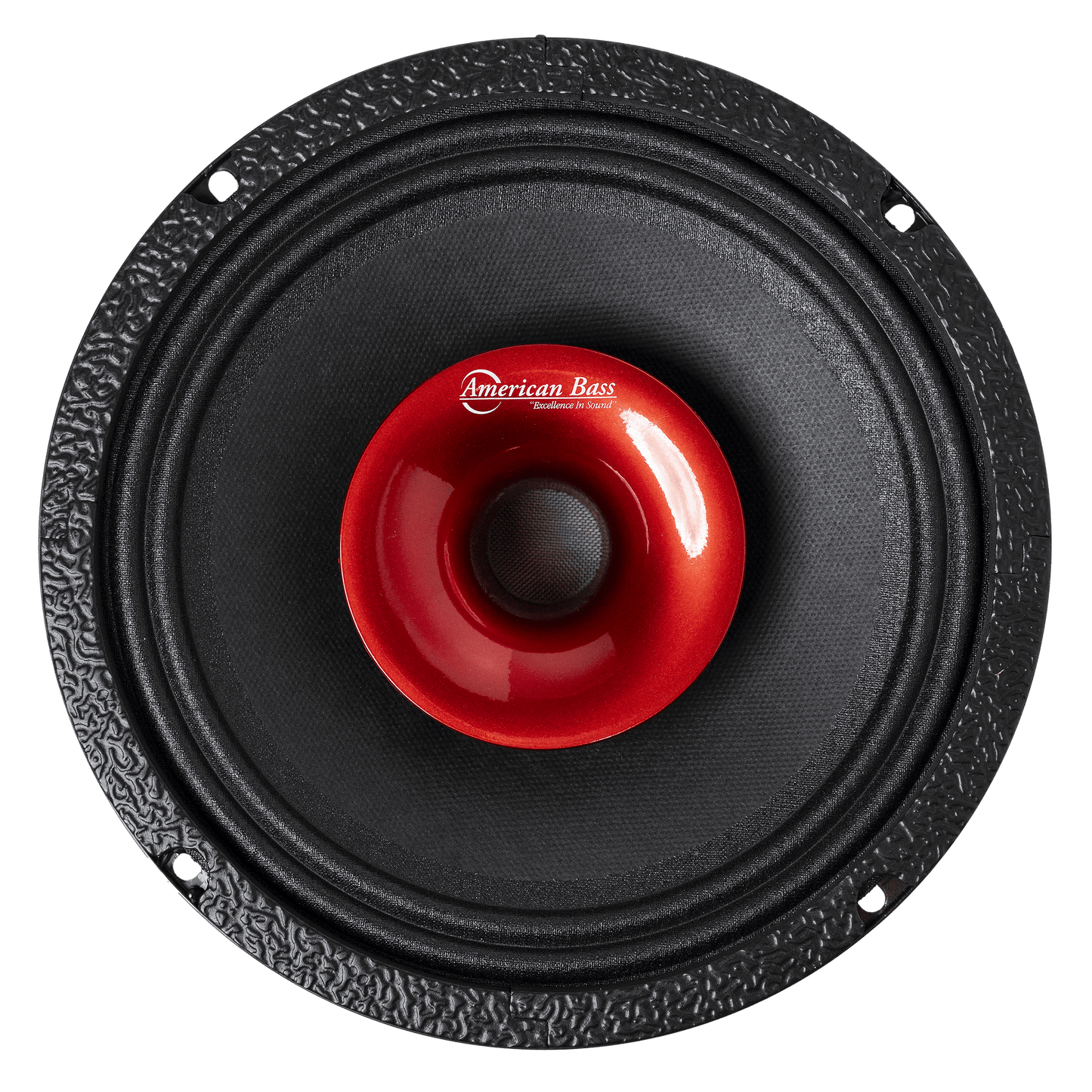 The American Bass Audio Falcon Series 8" Midrange Speaker (300 Watts) features a round black design with a textured outer ring and shiny red center, perfect for car audio. Shown from above on a white background.