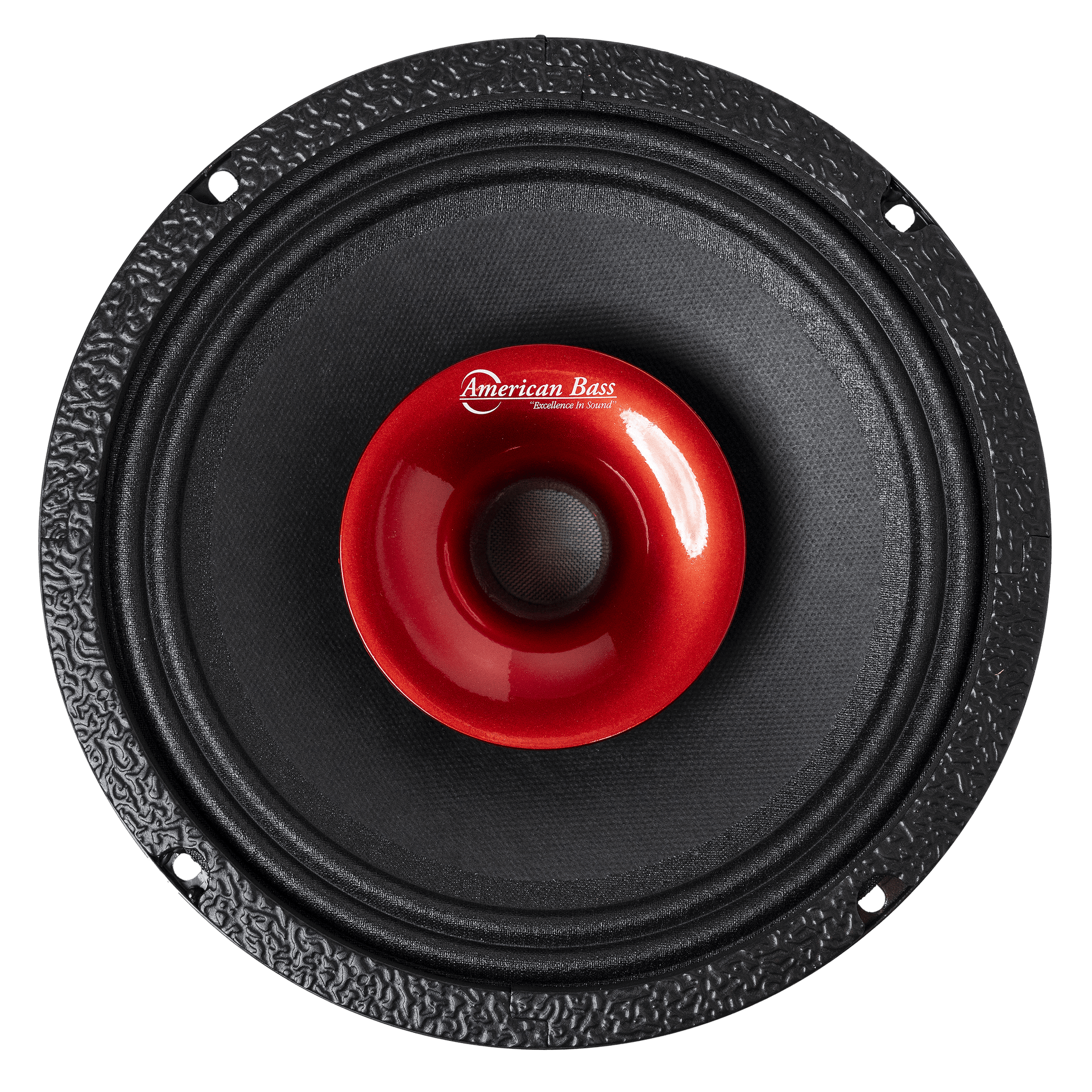 The American Bass Audio Falcon Series 8" Midrange Speaker (300 Watts) features a round black design with a textured outer ring and shiny red center, perfect for car audio. Shown from above on a white background.