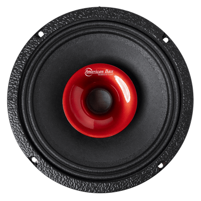 The American Bass Audio Falcon Series 8" Midrange Speaker (300 Watts) features a round black design with a textured outer ring and shiny red center, perfect for car audio. Shown from above on a white background.