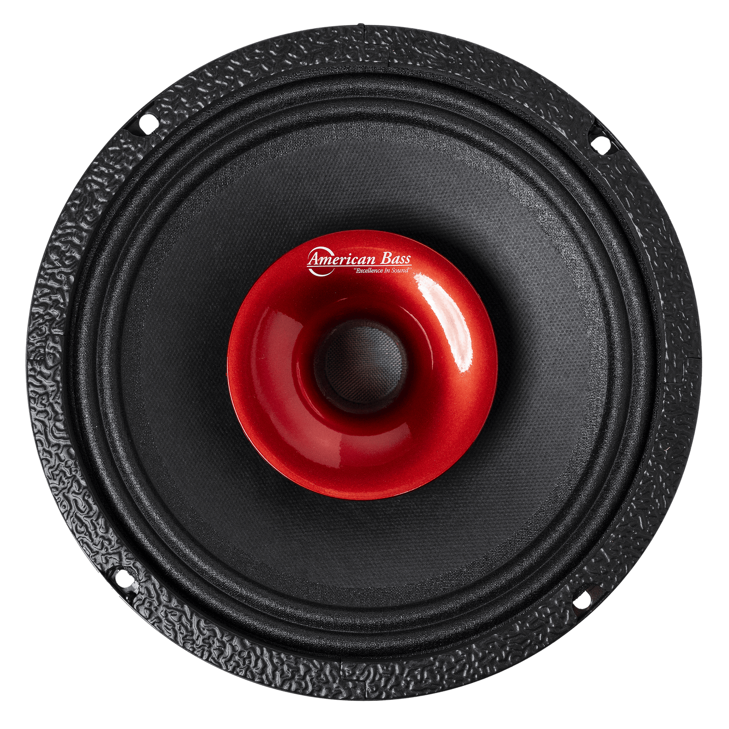 Close-up of the American Bass Falcon Series 8" Midrange Speaker (300 Watts), featuring a black round design, bright red center with logo, textured outer ring, and four mounting holes—ideal for car and pro audio setups.