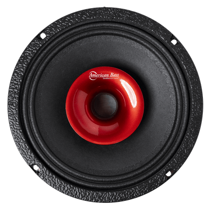 Close-up of the American Bass Falcon Series 8" Midrange Speaker (300 Watts), featuring a black round design, bright red center with logo, textured outer ring, and four mounting holes—ideal for car and pro audio setups.
