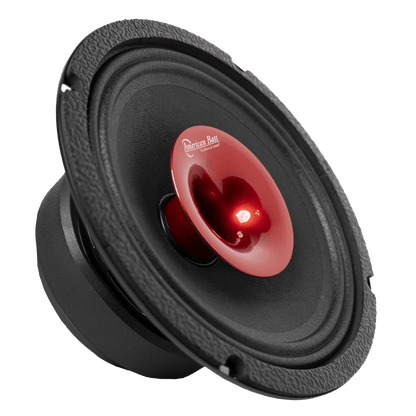 A close-up of the Falcon Series 8" Midrange Speaker (300 Watts) by American Bass Audio, designed for pro car audio, shows its textured rim and shiny red center cone against a plain white background.