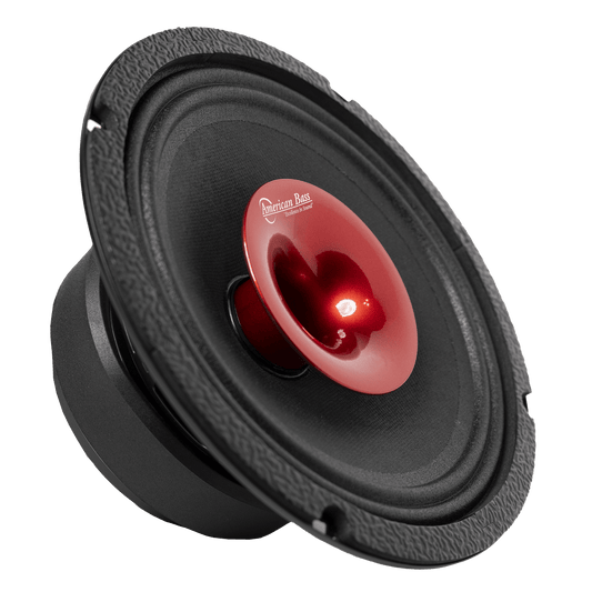 A close-up of the Falcon Series 8" Midrange Speaker (300 Watts) by American Bass Audio, designed for pro car audio, shows its textured rim and shiny red center cone against a plain white background.