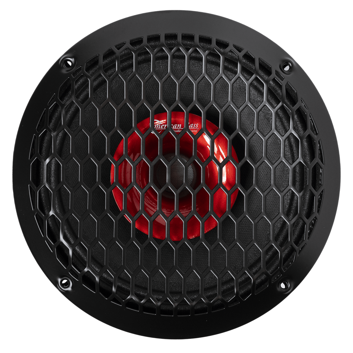 The American Bass Audio Falcon Series 8" Midrange Speaker (300 Watts) features a black round design, red inner cone, and honeycomb metal grille—ideal for car or pro audio systems, shown from above on a white background.