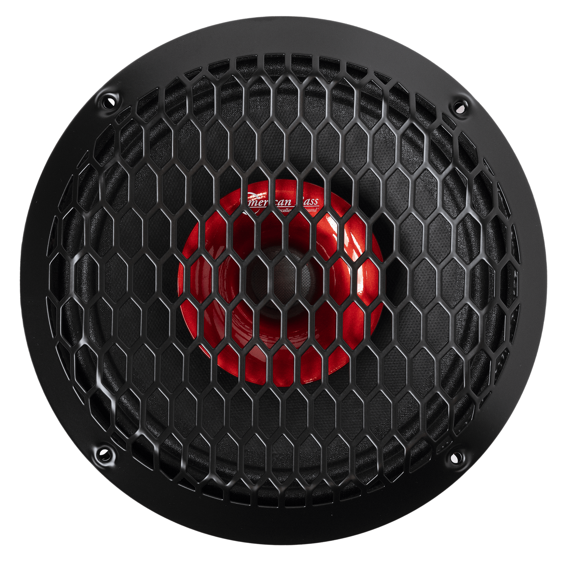 The American Bass Audio Falcon Series 8" Midrange Speaker (300 Watts) features a black round design, red inner cone, and honeycomb metal grille—ideal for car or pro audio systems, shown from above on a white background.