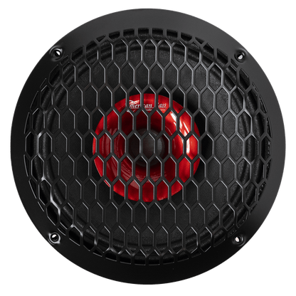 The American Bass Audio Falcon Series 8" Midrange Speaker (300 Watts) features a black round design, red inner cone, and honeycomb metal grille—ideal for car or pro audio systems, shown from above on a white background.
