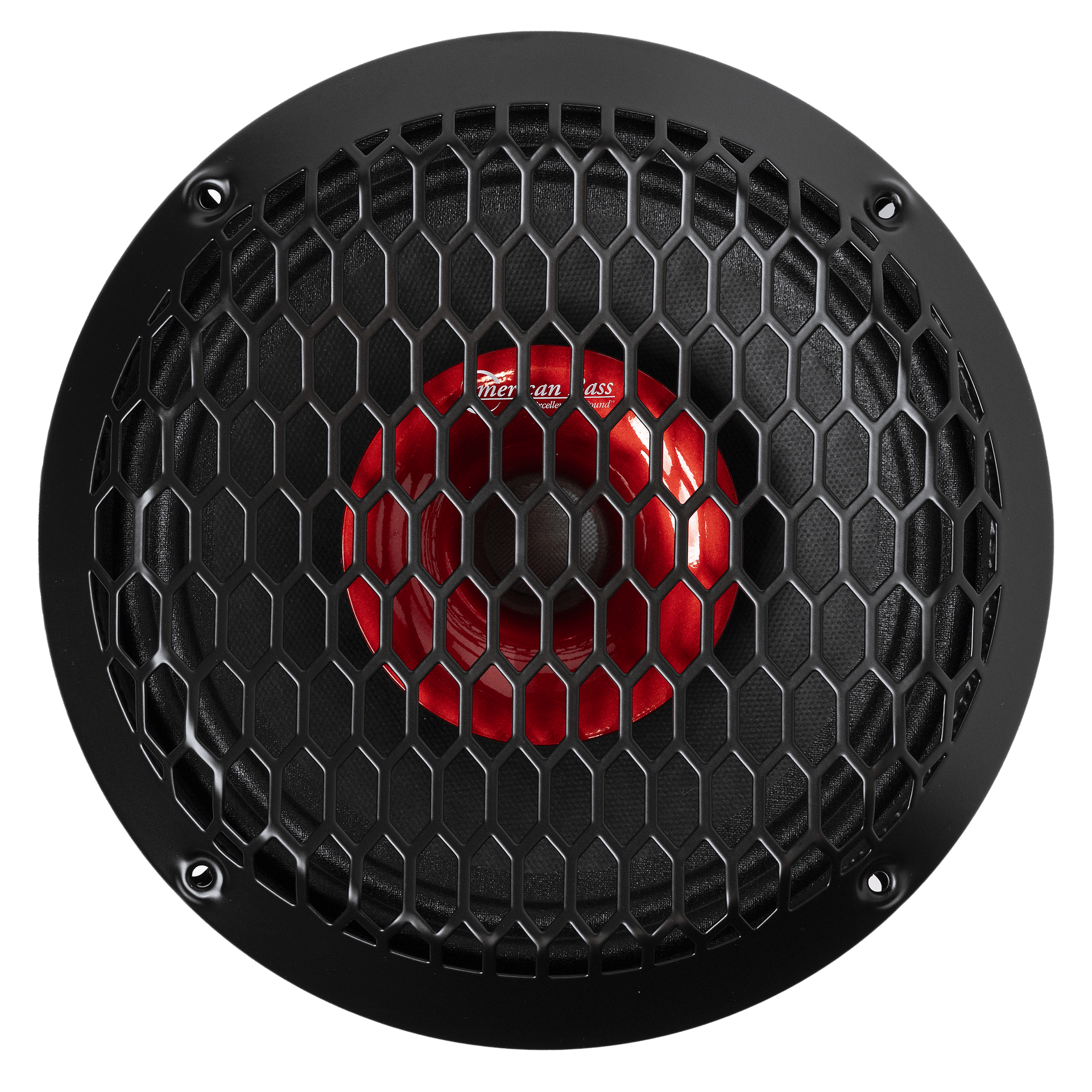 The American Bass Falcon Series 8" Midrange Speaker (300 Watts) features a round black frame, red center cone, and honeycomb-patterned metal grille—ideal for pro or car audio setups, shown from above on a white background.