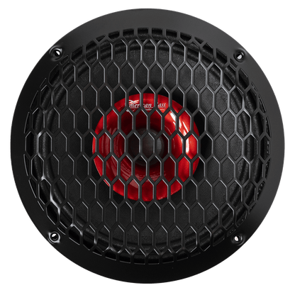 The American Bass Falcon Series 8" Midrange Speaker (300 Watts) features a round black frame, red center cone, and honeycomb-patterned metal grille—ideal for pro or car audio setups, shown from above on a white background.