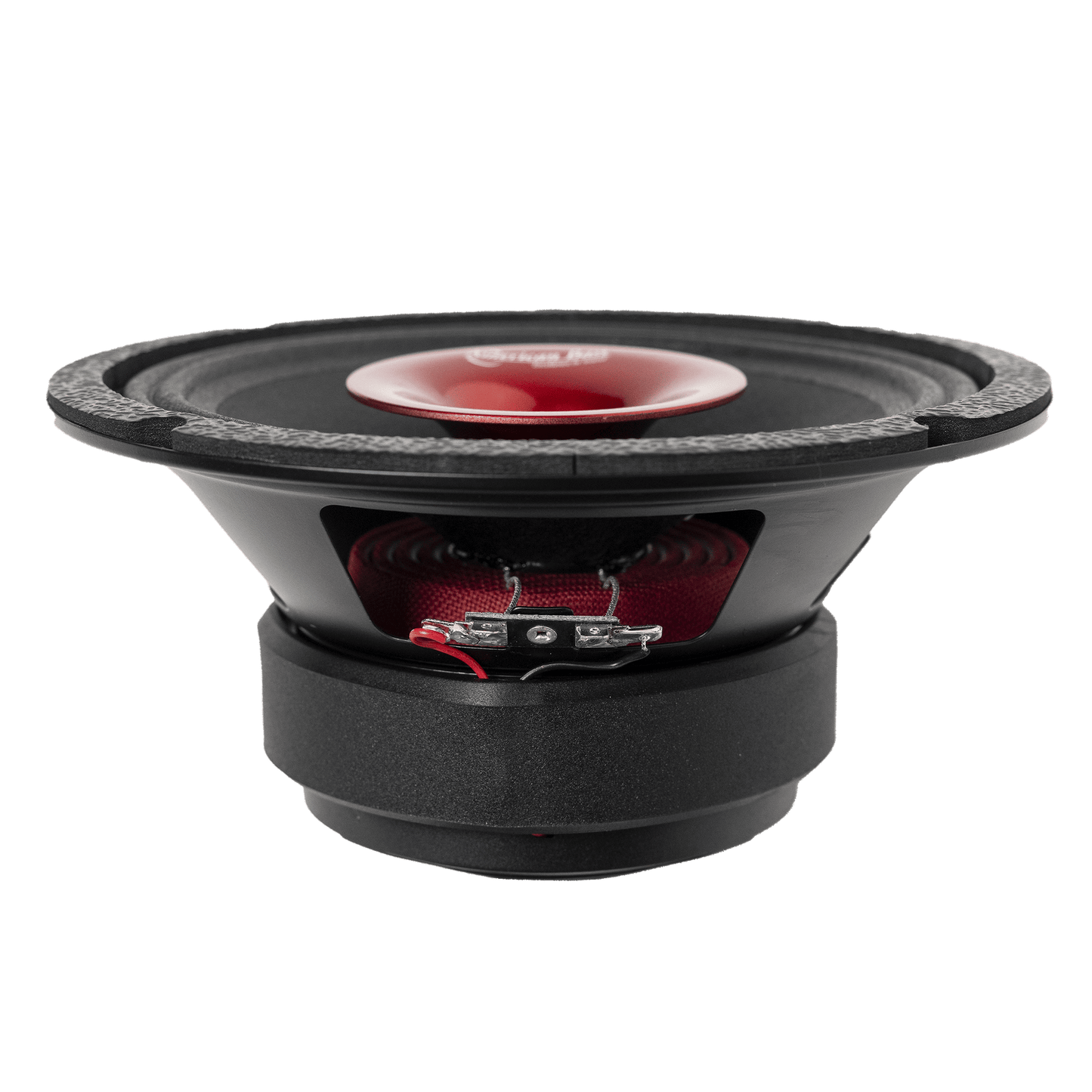 A close-up of the American Bass Audio Falcon Series 8" Midrange Speaker (300 Watts) with exposed wiring and a red central dome, perfect for car audio, shown against a plain white background.
