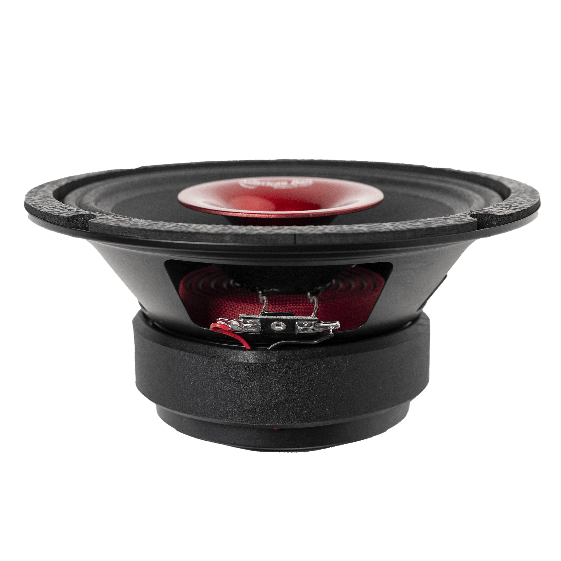 A close-up of the American Bass Audio Falcon Series 8" Midrange Speaker (300 Watts) with exposed wiring and a red central dome, perfect for car audio, shown against a plain white background.