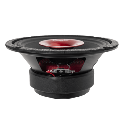 A close-up of the American Bass Audio Falcon Series 8" Midrange Speaker (300 Watts) with exposed wiring and a red central dome, perfect for car audio, shown against a plain white background.