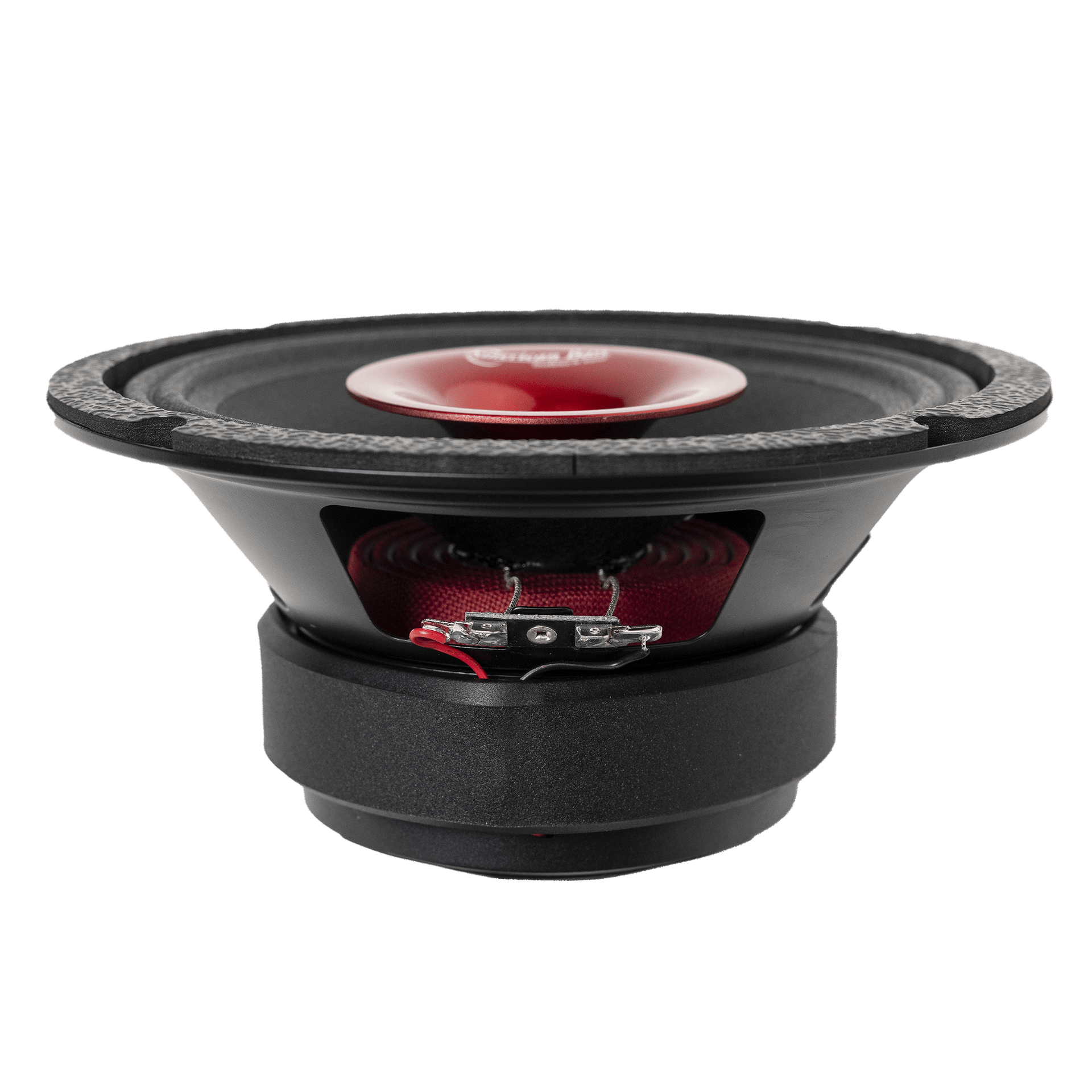 A close-up of the American Bass Falcon Series 8" Midrange Speaker (300 Watts) in black and red with exposed wiring, shown on a white background—perfect for car audio or pro setups.