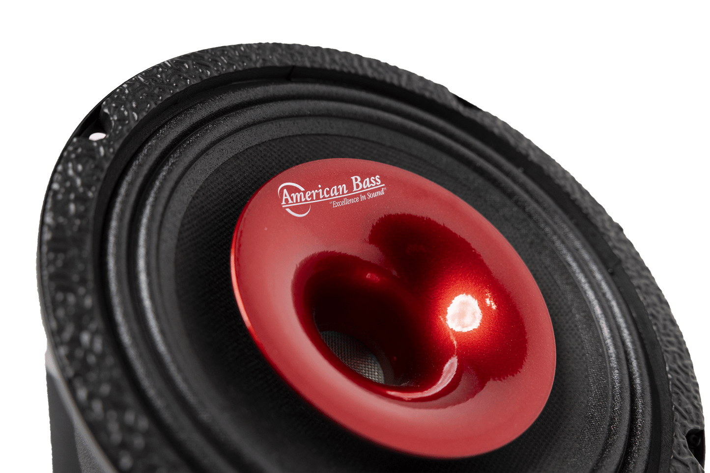 Close-up of the American Bass Audio Falcon Series 8" Midrange Speaker | 300 Watts, featuring a red metallic center cone, black edge, brand logo, and textured surface—perfect for upgrading your car audio system.