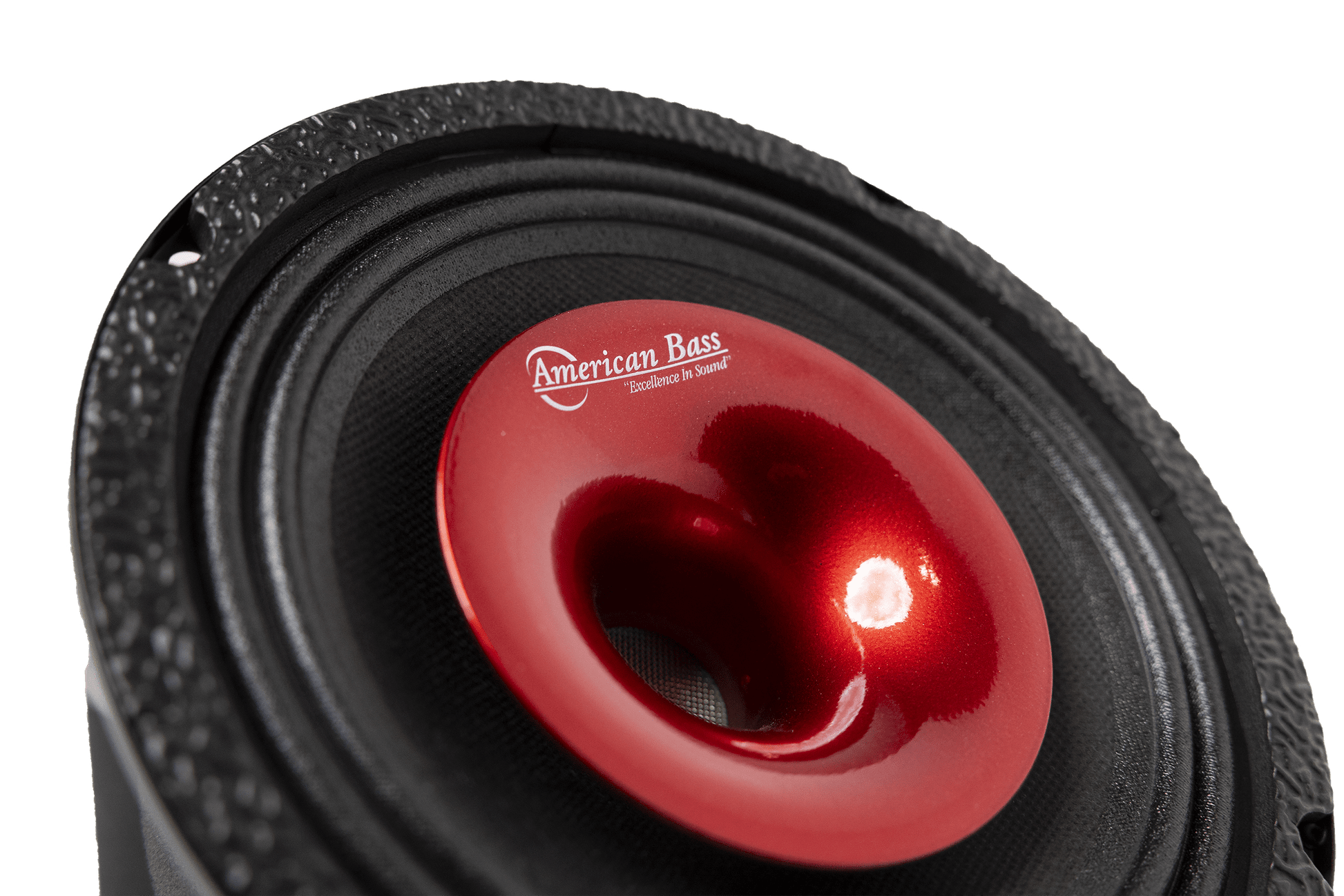Close-up of the American Bass Audio Falcon Series 8" Midrange Speaker | 300 Watts, featuring a red metallic center cone, black edge, brand logo, and textured surface—perfect for upgrading your car audio system.