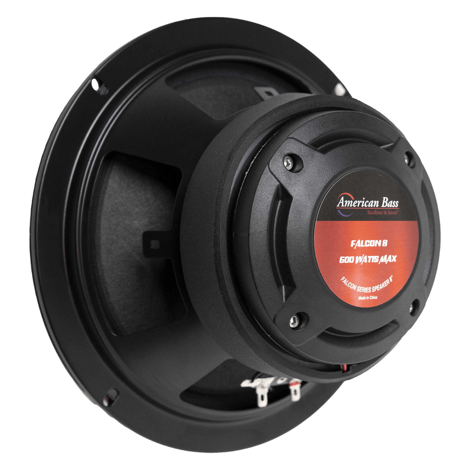 A close-up side view of an American Bass Audio Falcon Series 8" Midrange Speaker, featuring a black frame, large magnet, and red label displaying 300 watts max power—ideal for car audio systems.