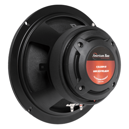 A close-up side view of an American Bass Audio Falcon Series 8" Midrange Speaker, featuring a black frame, large magnet, and red label displaying 300 watts max power—ideal for car audio systems.