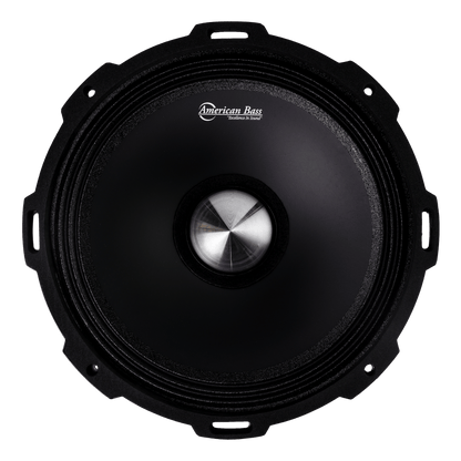 A close-up of the American Bass Godfather 10″ Midrange Speaker (500 Watts), black with a metallic center and circular design, displayed against a plain white background.