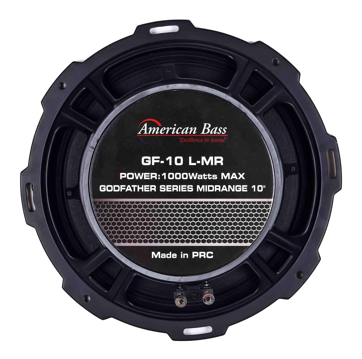 The American Bass Godfather 10″ Midrange Speaker delivers 500 watts of power, features a round black design with silver and hexagon center patterns, and is ideal for car audio systems. Part of the Godfather Series. Made in PRC.