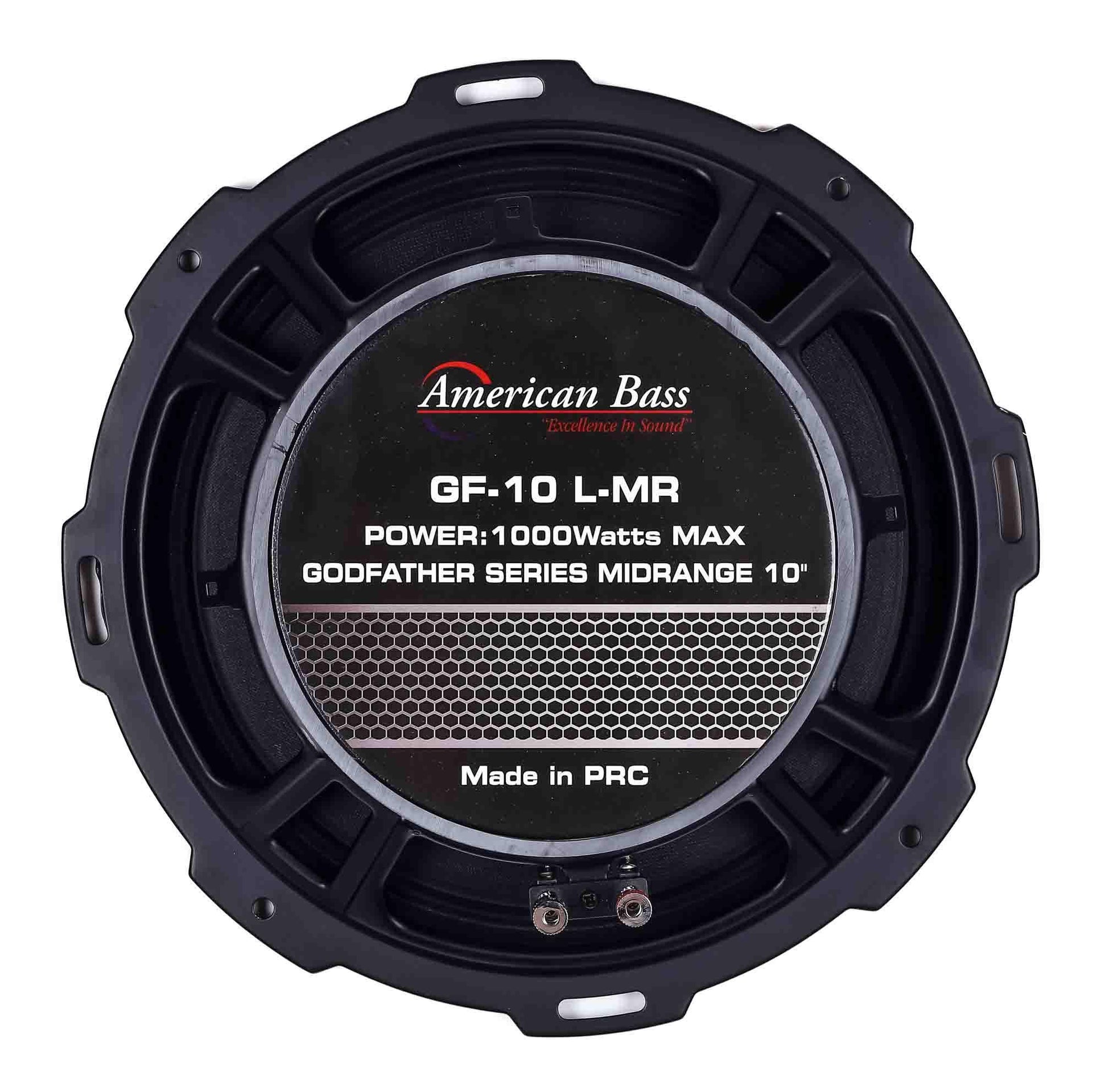 The American Bass Godfather 10″ Midrange Speaker delivers 500 watts of power, features a round black design with silver and hexagon center patterns, and is ideal for car audio systems. Part of the Godfather Series. Made in PRC.
