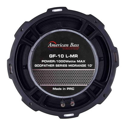 The American Bass Godfather 10″ Midrange Speaker delivers 500 watts of power, features a round black design with silver and hexagon center patterns, and is ideal for car audio systems. Part of the Godfather Series. Made in PRC.