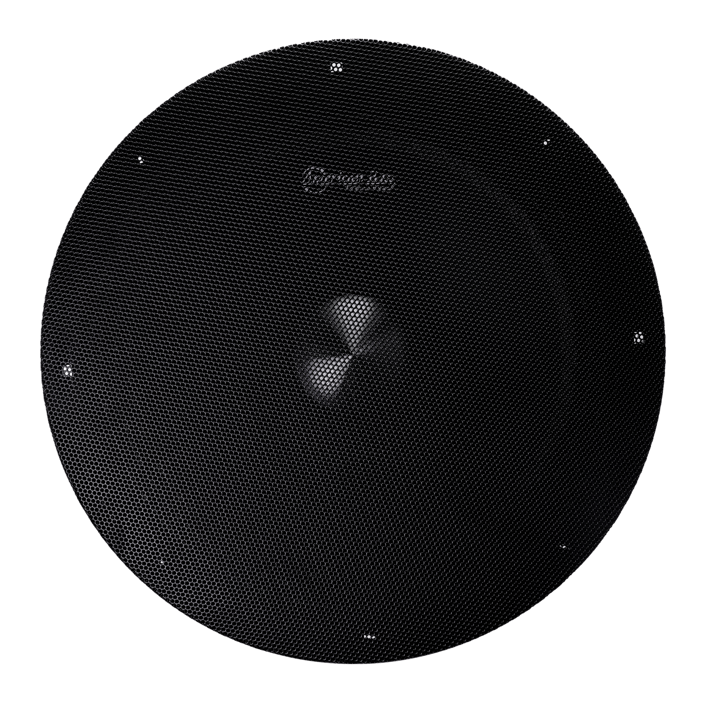 A black, circular carbon disc wheel with a textured grid-like surface and evenly spaced metal bolts, resembling the precise design of the American Bass Godfather 10″ Midrange Speaker | 500 Watts.