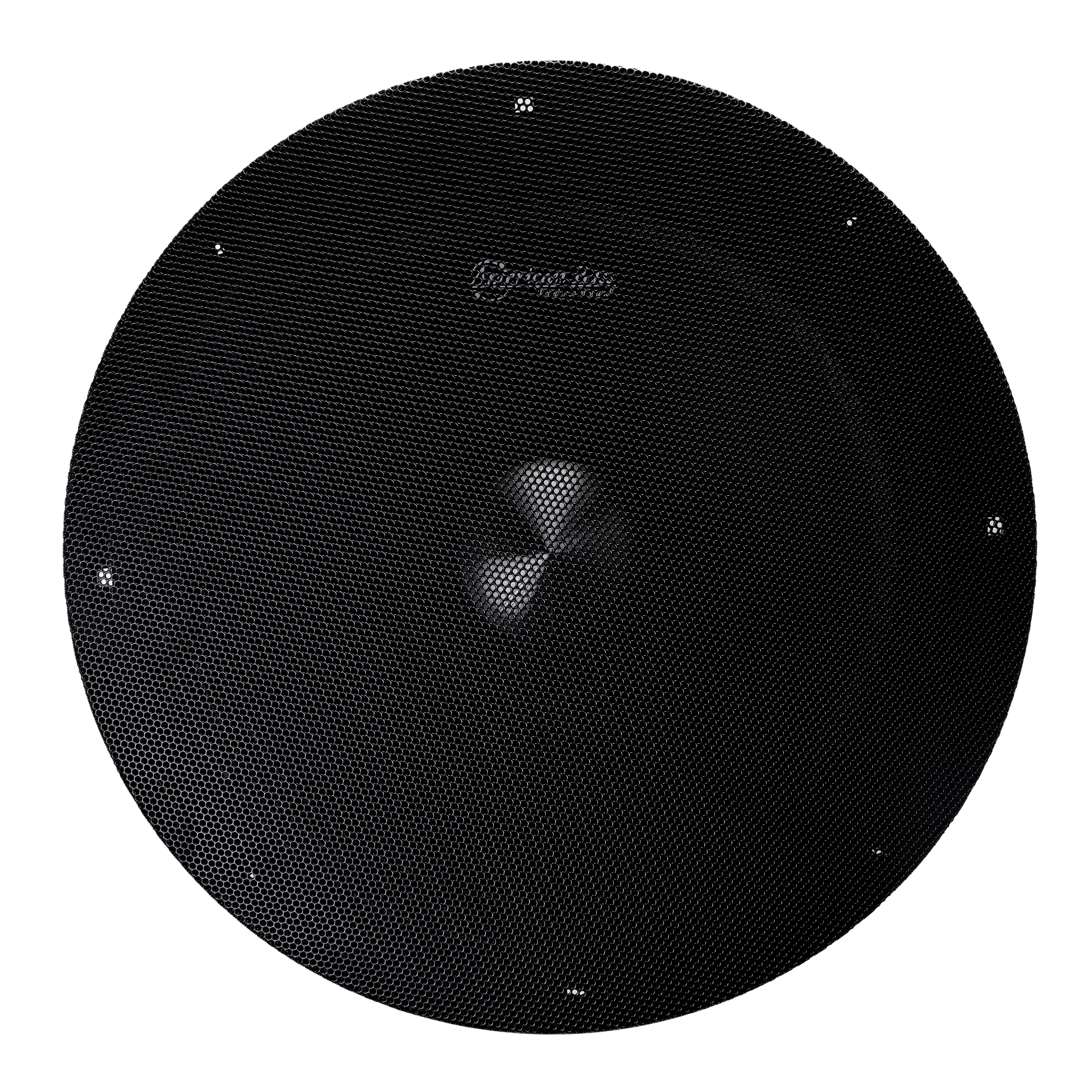 A black, circular carbon disc wheel with a textured grid-like surface and evenly spaced metal bolts, resembling the precise design of the American Bass Godfather 10″ Midrange Speaker | 500 Watts.