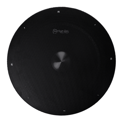 A black, circular carbon disc wheel with a textured grid-like surface and evenly spaced metal bolts, resembling the precise design of the American Bass Godfather 10″ Midrange Speaker | 500 Watts.