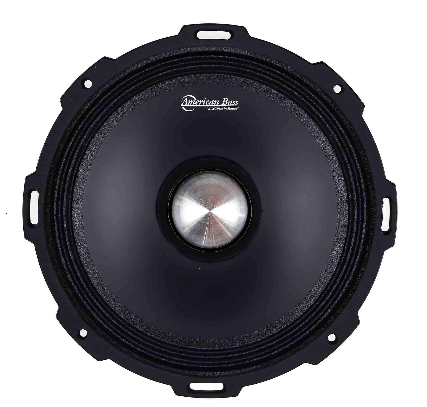 The American Bass Godfather 10″ Midrange Speaker, seen from above on a white background, is a black circular car audio speaker with a metallic center dome and four mounting tabs, delivering 500 watts of high-performance sound.