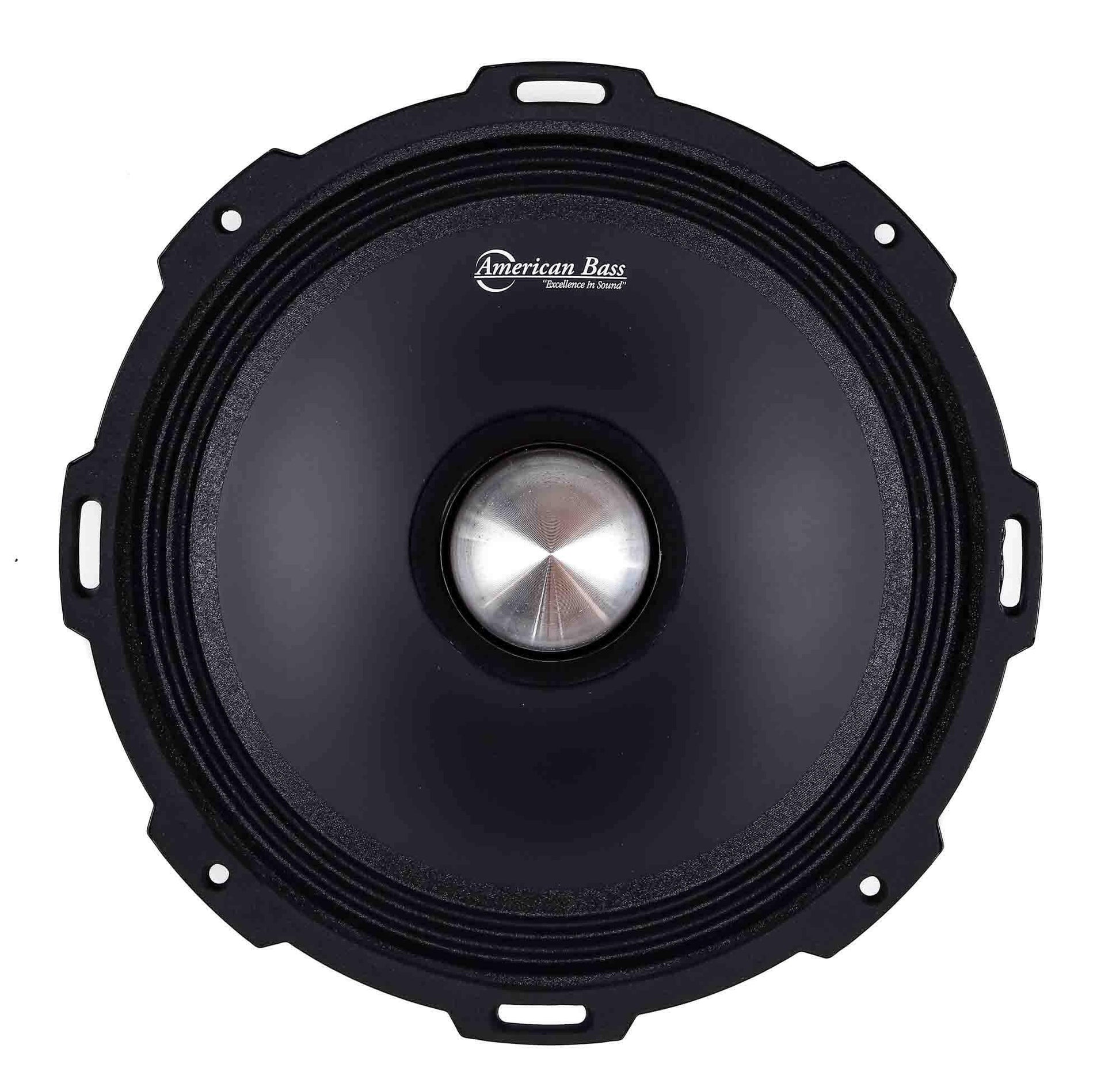 The American Bass Godfather 10″ Midrange Speaker, seen from above on a white background, is a black circular car audio speaker with a metallic center dome and four mounting tabs, delivering 500 watts of high-performance sound.