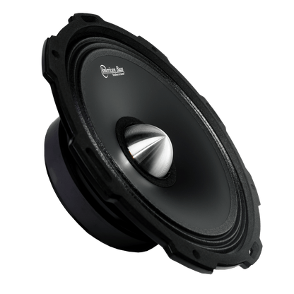 A close-up of the American Bass Godfather 10″ Midrange Speaker (500 Watts) with a metallic center cone, set against a white background—ideal for car audio enthusiasts seeking premium sound quality.