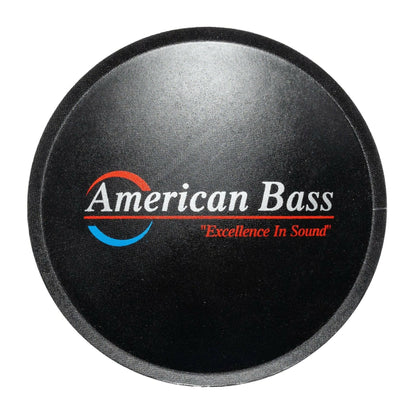 A circular black speaker grill with the American Bass logo and "Excellence In Sound" in white and red, ideal for enhancing your Godfather 12" Subwoofer Recone Kit (Version 2) or any subwoofer recone project.