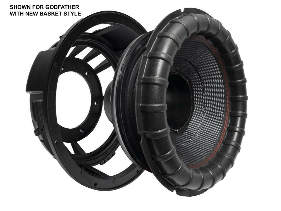 Exploded view of a large black American Bass Godfather 12" Subwoofer Recone Kit (Version 3) with new basket style, showing the basket frame and cone. Top left text: SHOWN FOR GODFATHER 12" SUBWOOFER RECONE KIT (VERSION 3) WITH NEW BASKET STYLE.