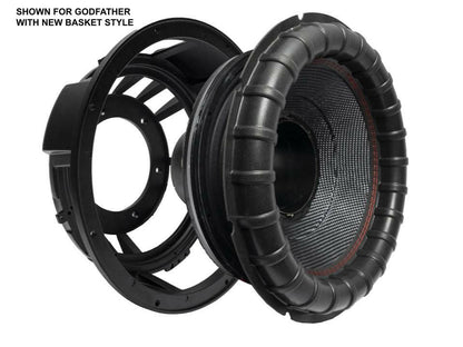 Exploded view of a large black American Bass Godfather 12" Subwoofer Recone Kit (Version 3) with new basket style, showing the basket frame and cone. Top left text: SHOWN FOR GODFATHER 12" SUBWOOFER RECONE KIT (VERSION 3) WITH NEW BASKET STYLE.