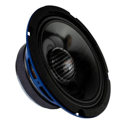 A pair of American Bass Godfather 6.5 Carbon Cone Midrange Speakers (200 Watts), featuring black and blue carbon fiber cones with metallic accents, shown angled against a white background.