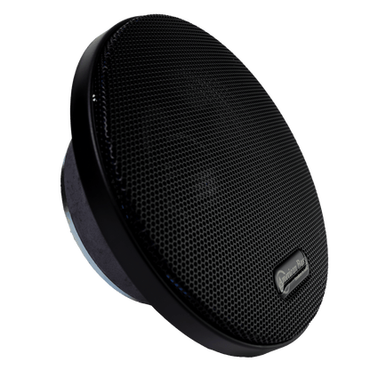 The American Bass Godfather 6.5 Carbon Cone Midrange Speakers (200W pair) feature a black circular design with a mesh grille and carbon fiber cone, shown at an angle on a white background—perfect for car audio enthusiasts.