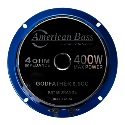 A round blue and black American Bass Godfather 6.5 Carbon Cone Midrange Speaker features a carbon fiber cone, 4 ohm impedance, and 200 watts per pair, with "6.5 midrange" on the front.