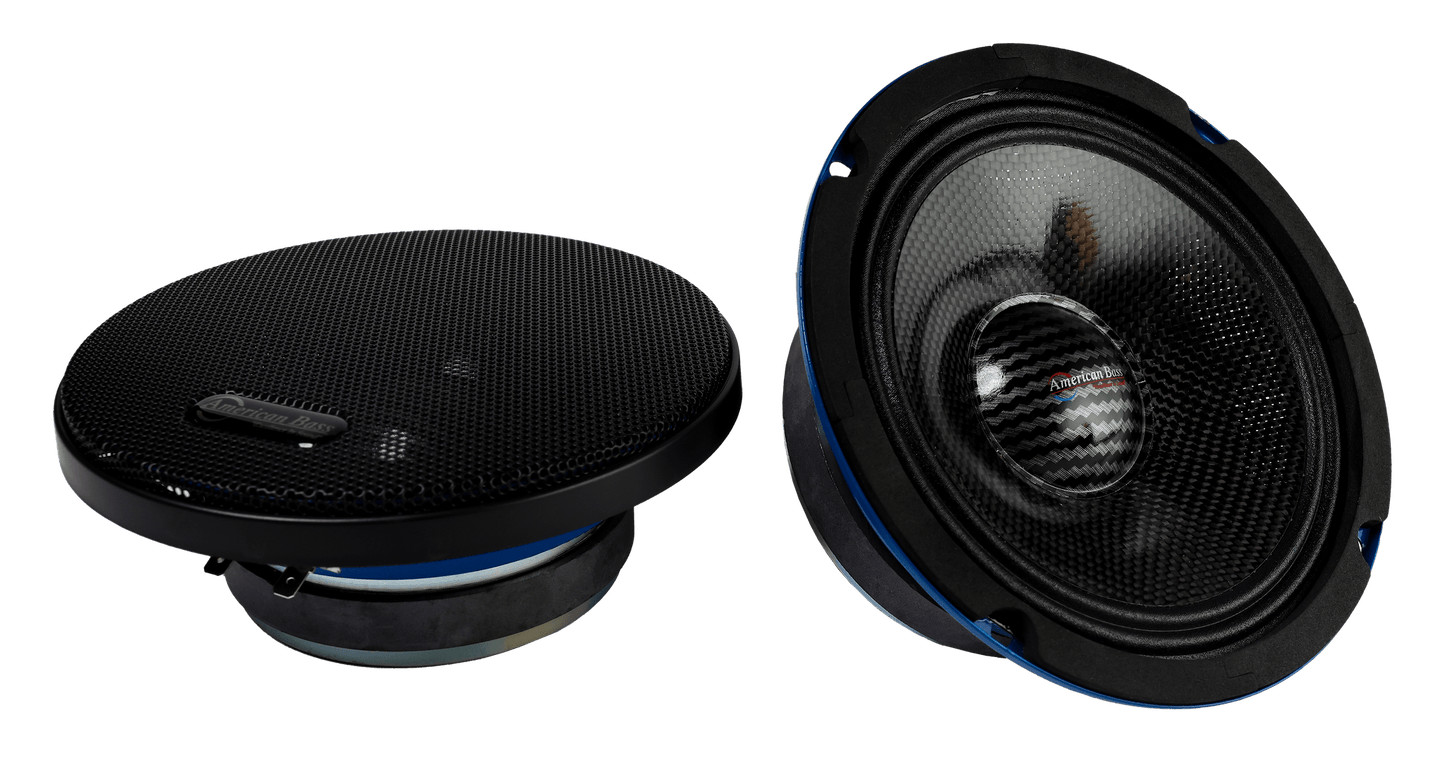 Two round black American Bass Godfather 6.5 Carbon Cone Midrange Speakers (200 Watts/pair), one with a mesh cover, one exposed to show the carbon fiber cone and blue accents, both on metallic bases against a white background.